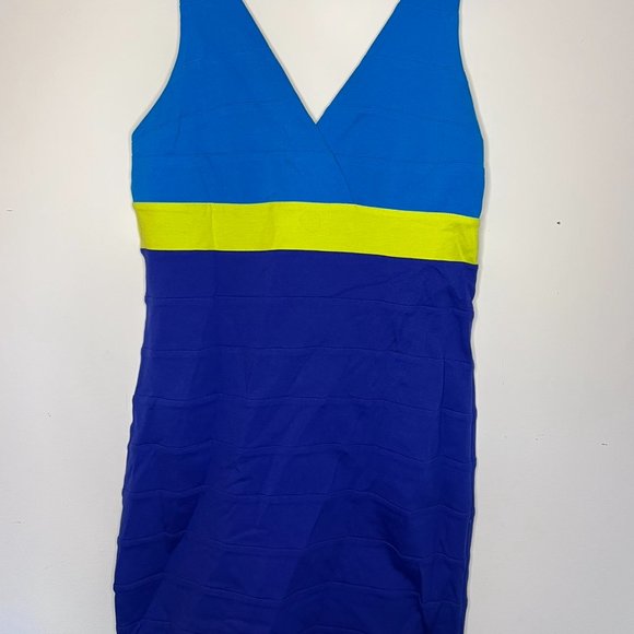 Express Bodycon Dress Color Block Blue Hidden Zip Heavy Fabric Size L - Picture 2 of 4